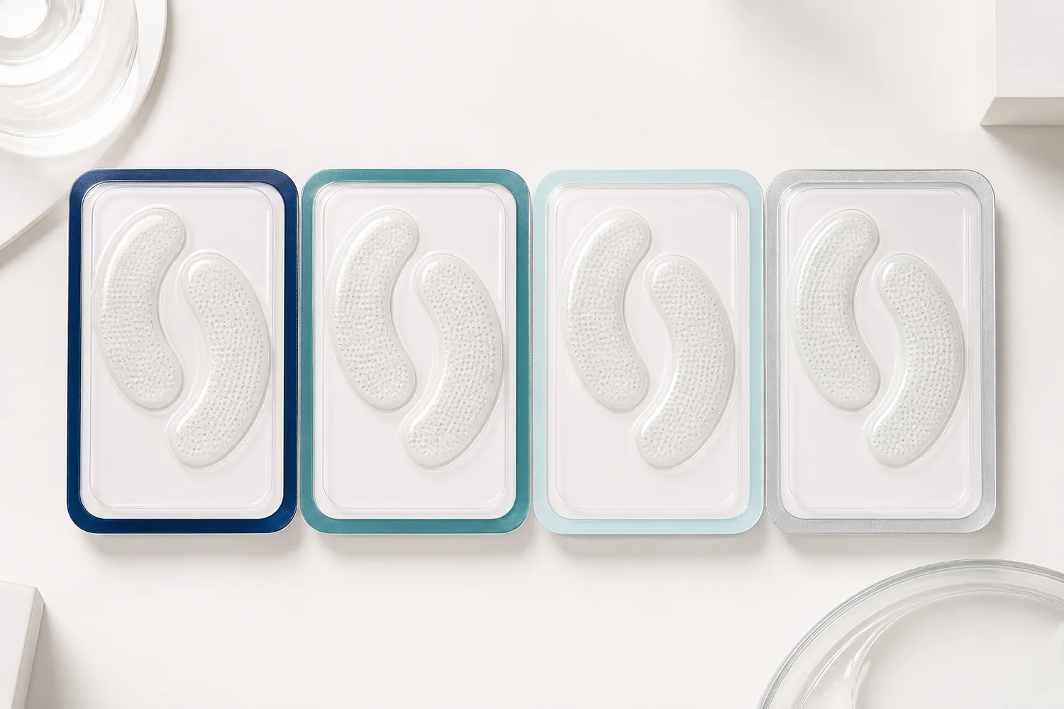 Four unbranded dissolvable microneedle eye patch pairs in private label sample trays