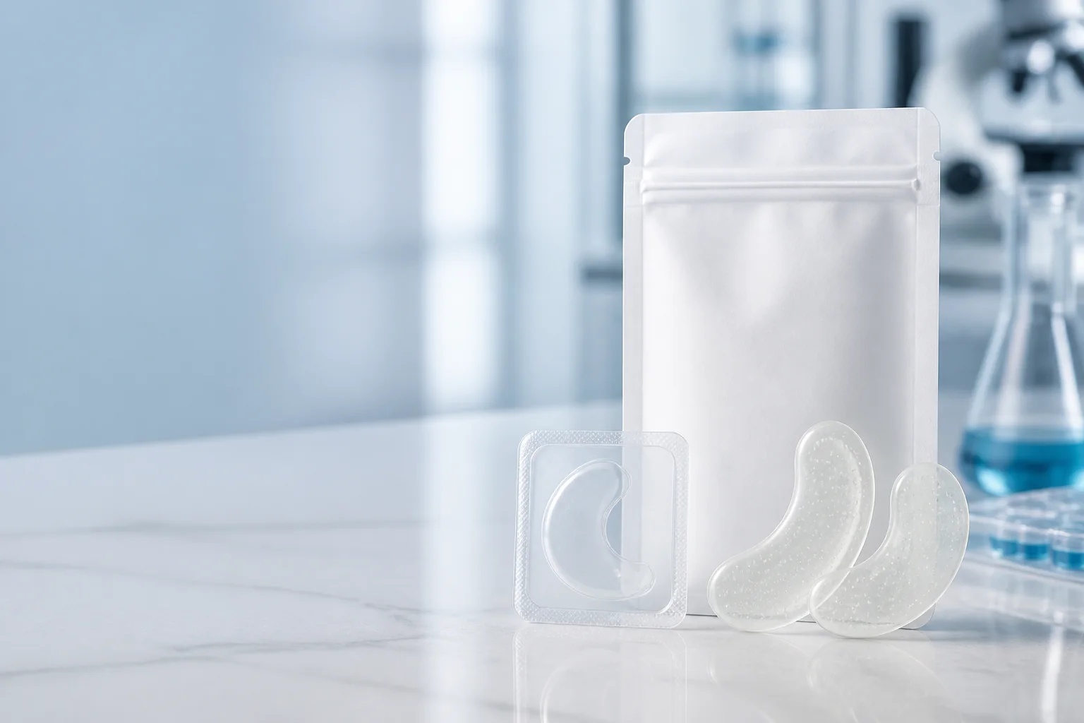 Unbranded dissolvable microneedle eye patch samples and barrier pouch in a clean laboratory setting