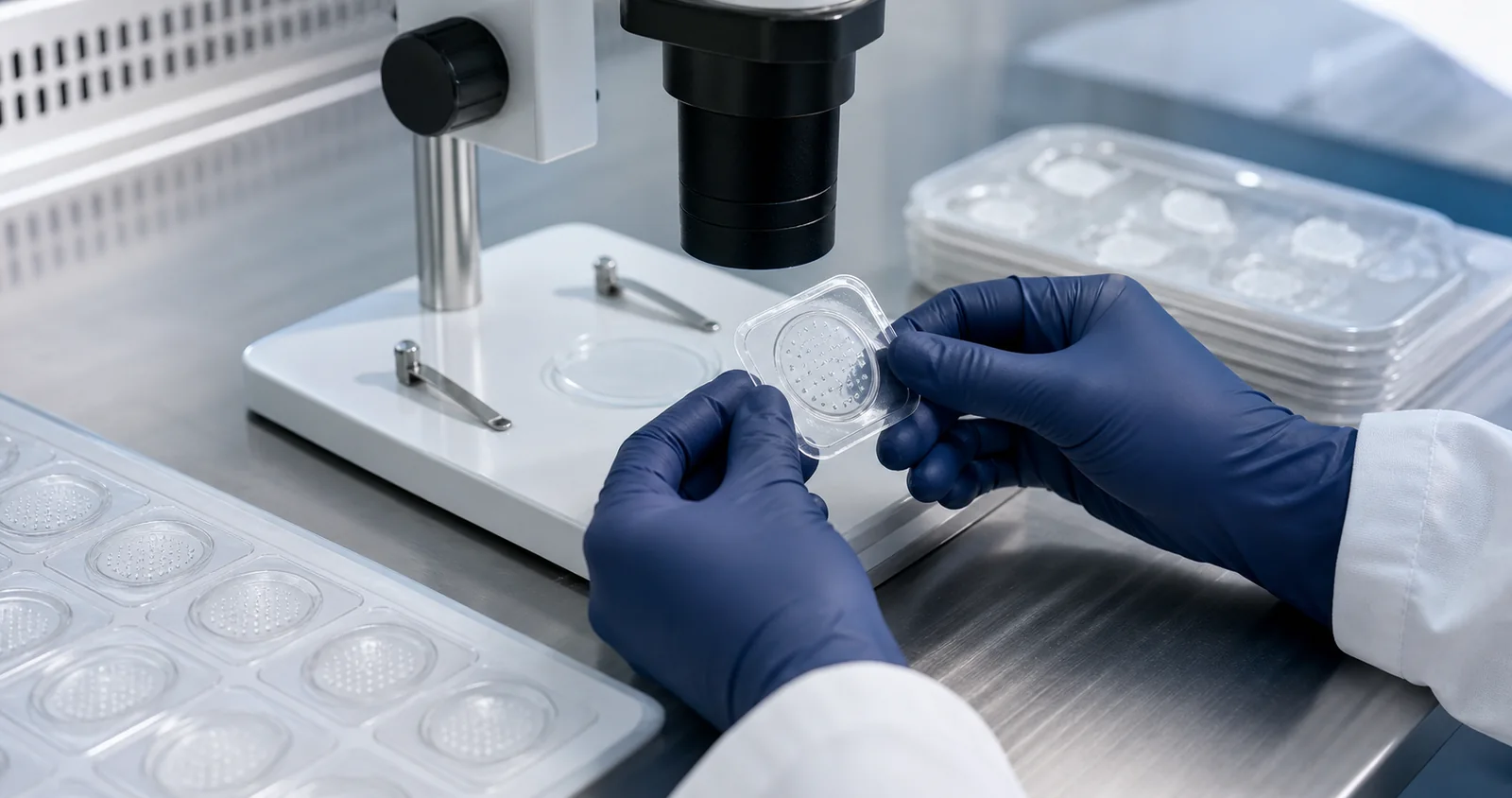 Gloved technician inspecting a transparent microneedle patch array under a digital microscope